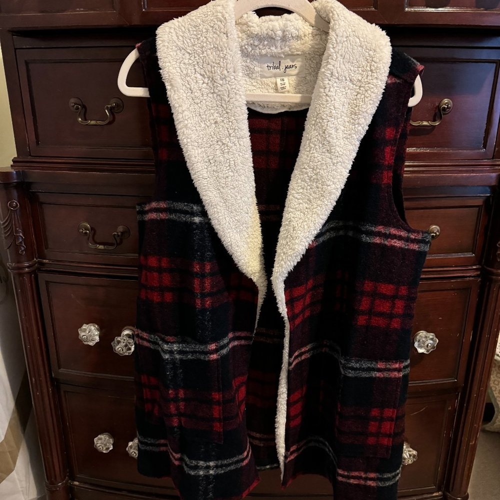 Shearling Collar With Wool Plaid Long Vest - Size PM
